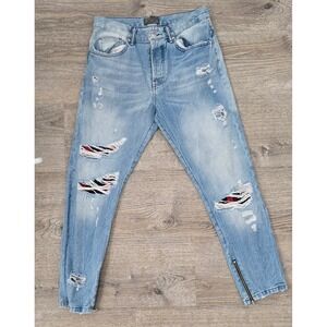 Zara Man Distressed Light Wash Plaid Backed Ripped Ankle Zip Jeans Mens Size 30